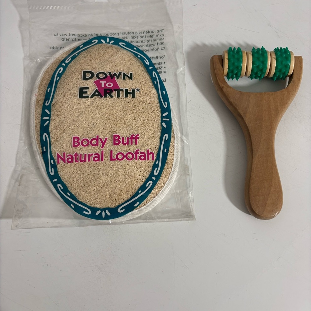 Down To Earth  Body Buff Loofah And Wooden  Massage Roller Both BRAND NEW!